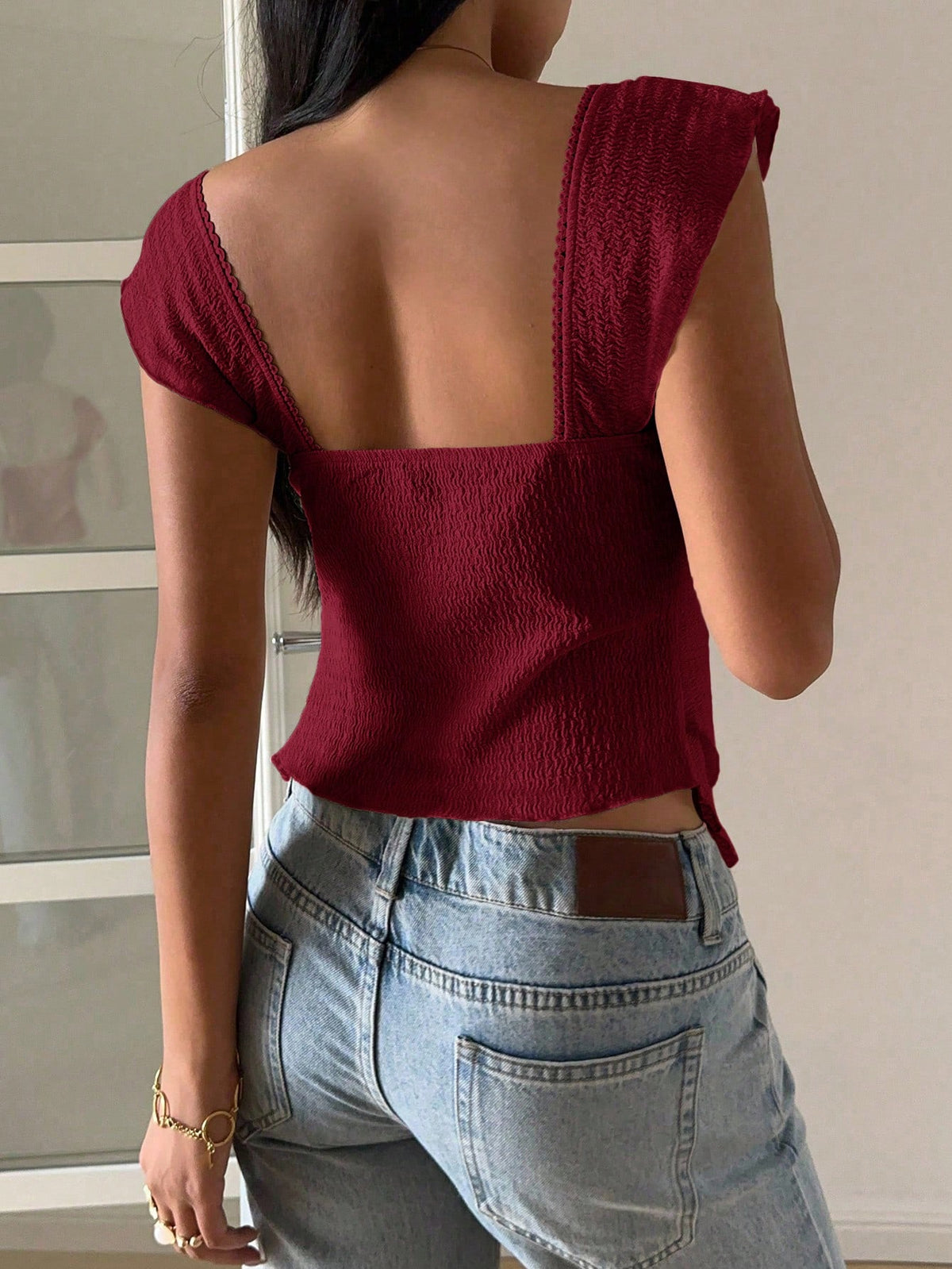 EZwear Women's Textured Knit Ruffle Hem Sweetheart Neck Cap Sleeve Elegant T-Shirt, Rave Top,Summer Top