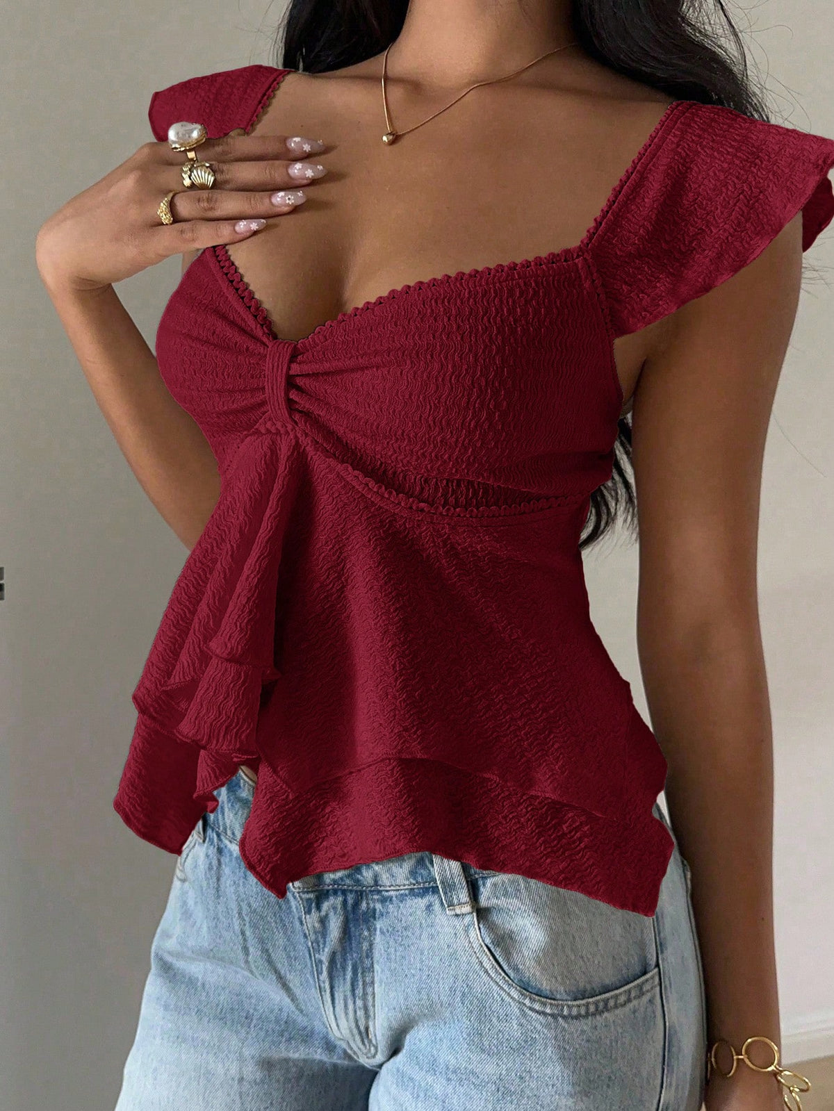 EZwear Women's Textured Knit Ruffle Hem Sweetheart Neck Cap Sleeve Elegant T-Shirt, Rave Top,Summer Top