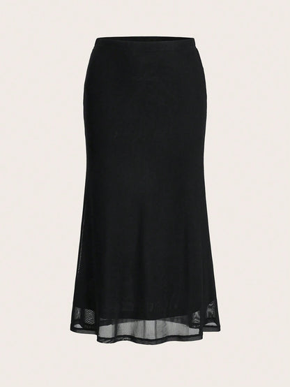 EZwear Women's Valentine's Day Heart Print Fish Tail Black Mesh Skirt