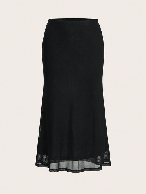 EZwear Women's Valentine's Day Heart Print Fish Tail Black Mesh Skirt