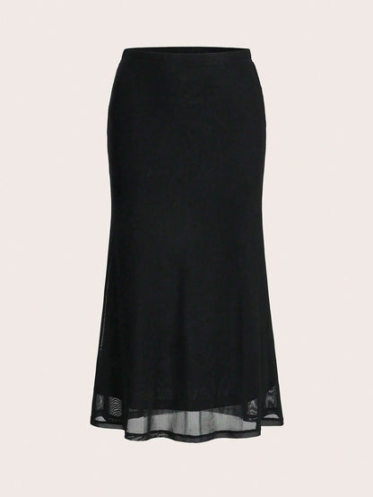 EZwear Women's Valentine's Day Heart Print Fish Tail Black Mesh Skirt