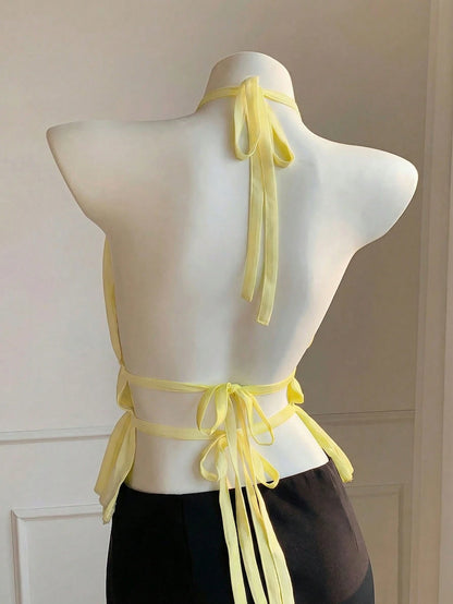 EZwear Women's Yellow Pleated Halter Backless Cinched Waist Camisole, Spring/Summer,Summer Top