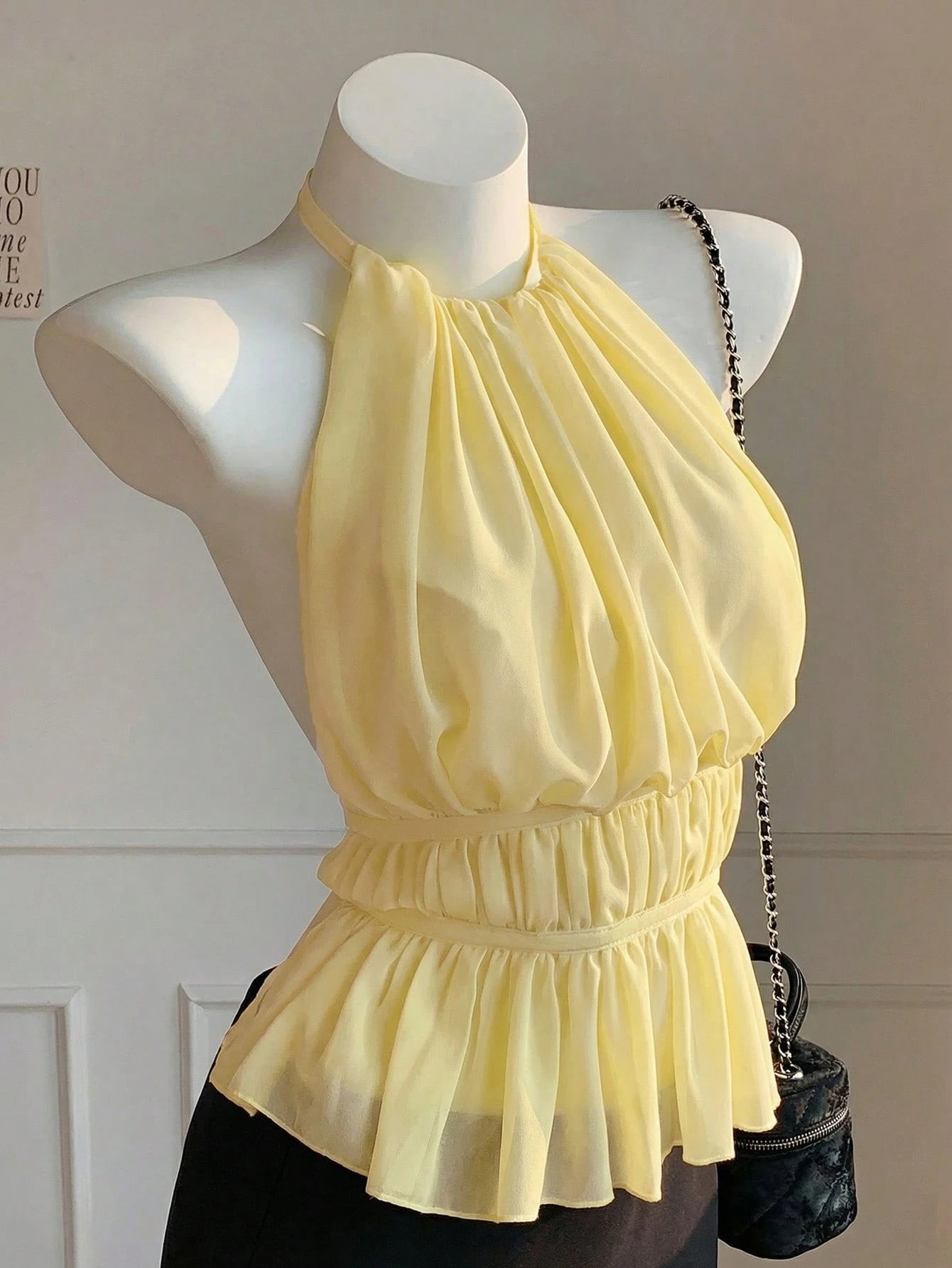EZwear Women's Yellow Pleated Halter Backless Cinched Waist Camisole, Spring/Summer,Summer Top