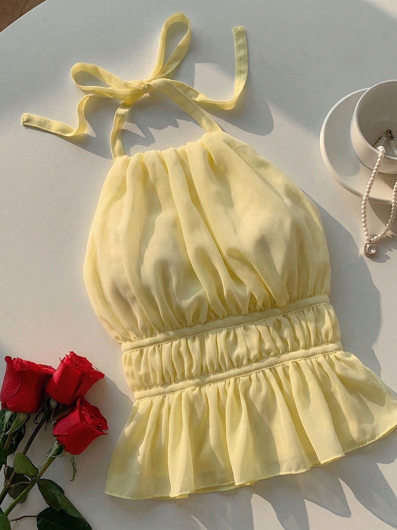 EZwear Women's Yellow Pleated Halter Backless Cinched Waist Camisole, Spring/Summer,Summer Top