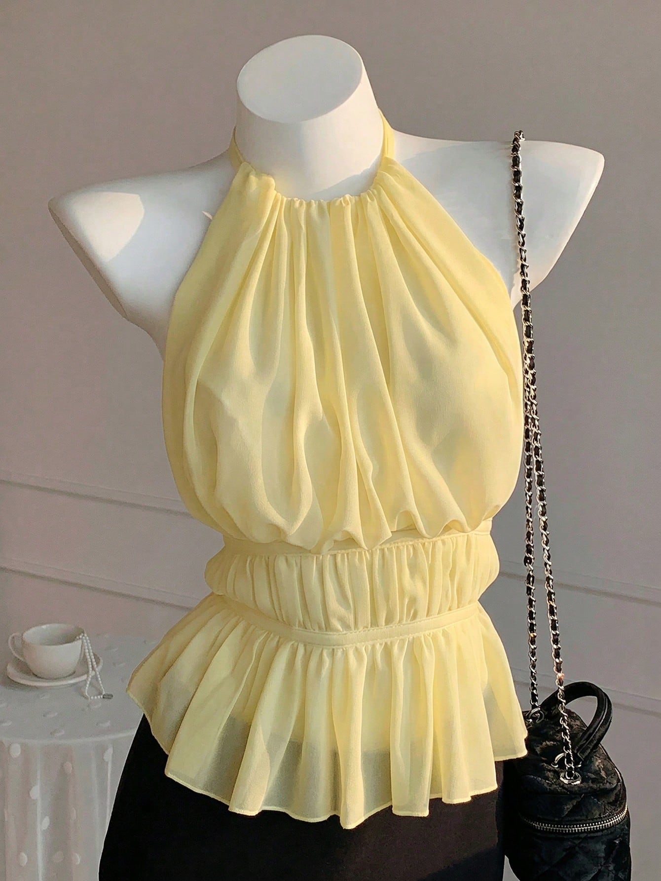 EZwear Women's Yellow Pleated Halter Backless Cinched Waist Camisole, Spring/Summer,Summer Top