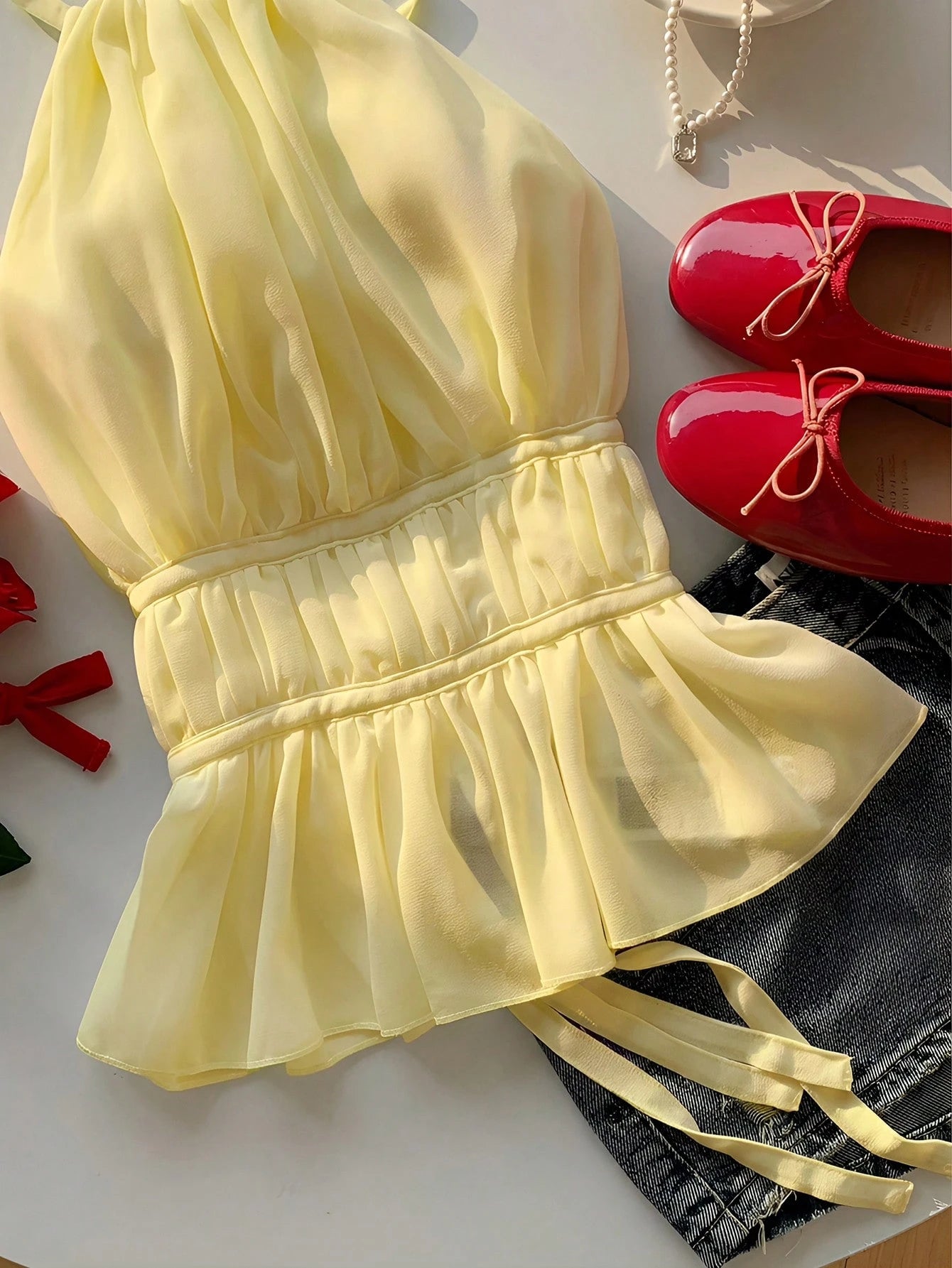 EZwear Women's Yellow Pleated Halter Backless Cinched Waist Camisole, Spring/Summer,Summer Top