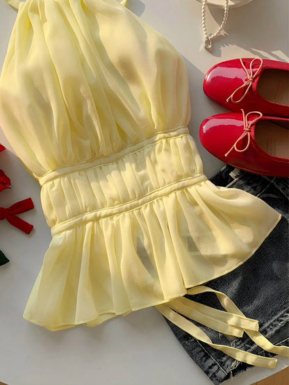 EZwear Women's Yellow Pleated Halter Backless Cinched Waist Camisole, Spring/Summer,Summer Top
