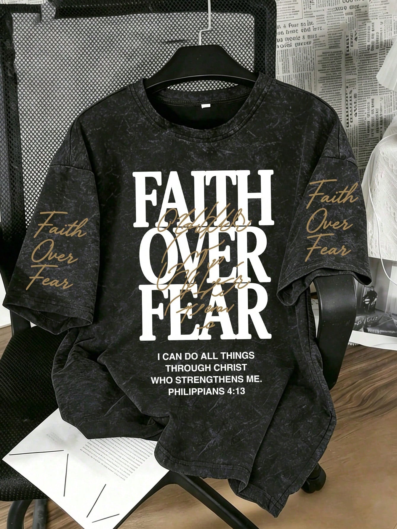"Faith Over Fear" Christian Inspirational Slogan Print Plus Size T-Shirt, Vintage Washed Black Casual