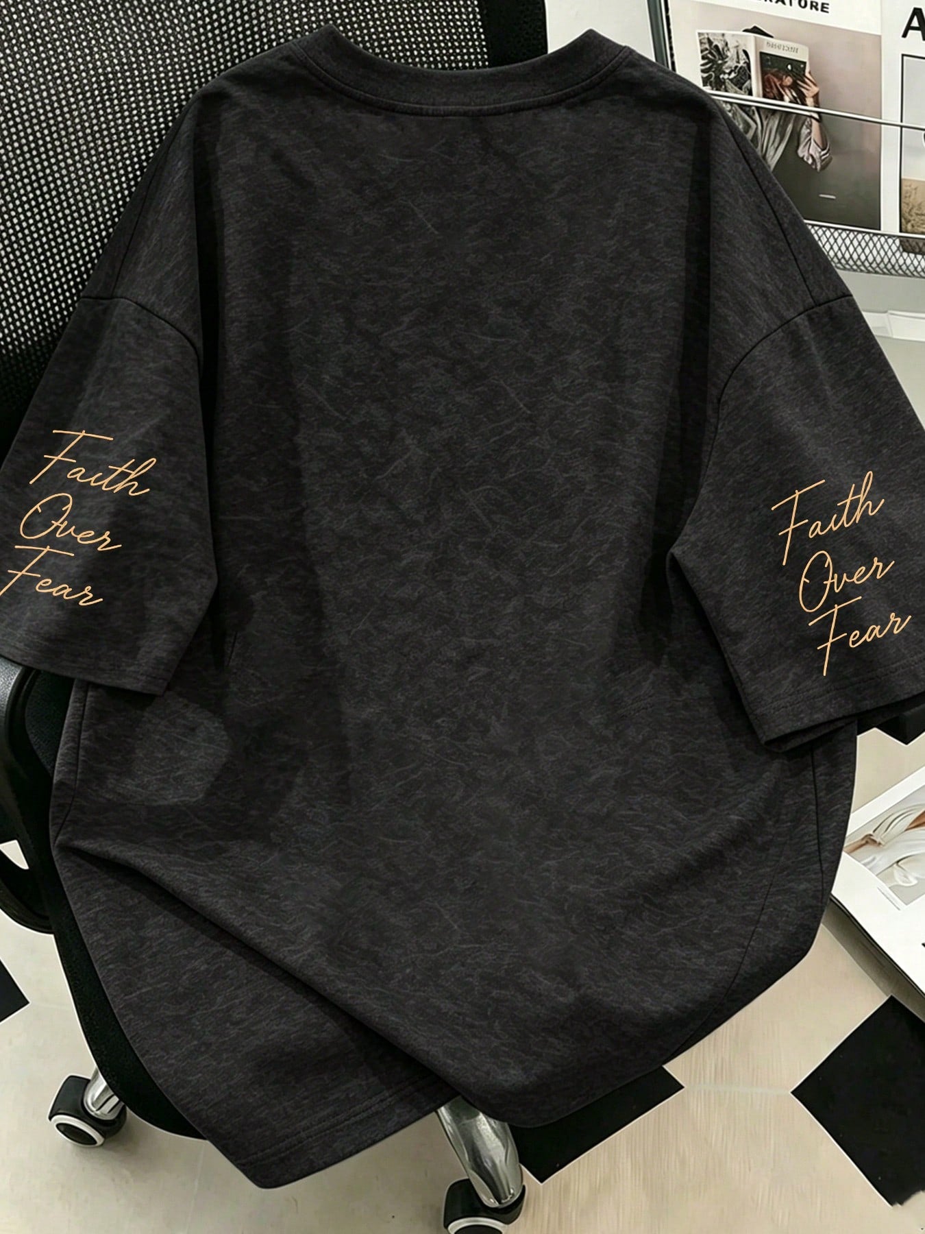 "Faith Over Fear" Christian Inspirational Slogan Print Plus Size T-Shirt, Vintage Washed Black Casual
