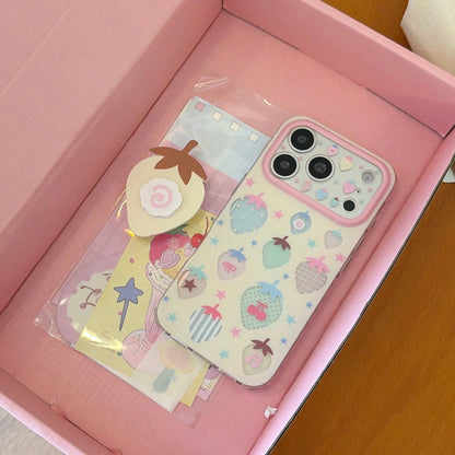 Fashion Creative Sweet Summer Strawberry + Strawberry Stand Phone Case Compatible With Apple For IPhone17ProMax Case/For IPhone16ProMax Case/For IPhone15ProMax Case/14Pro Case/13 IPhonecase/Fashion W