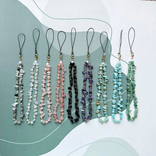 Fashion Natural Beaded Phone Lanyard Necklace Chalcedony Amethyst Aventurine Quartz Stone Phone Charm Digital Camera Strap Gifts For Mother, Family, Friends, Birthday, Holiday Phone Chain