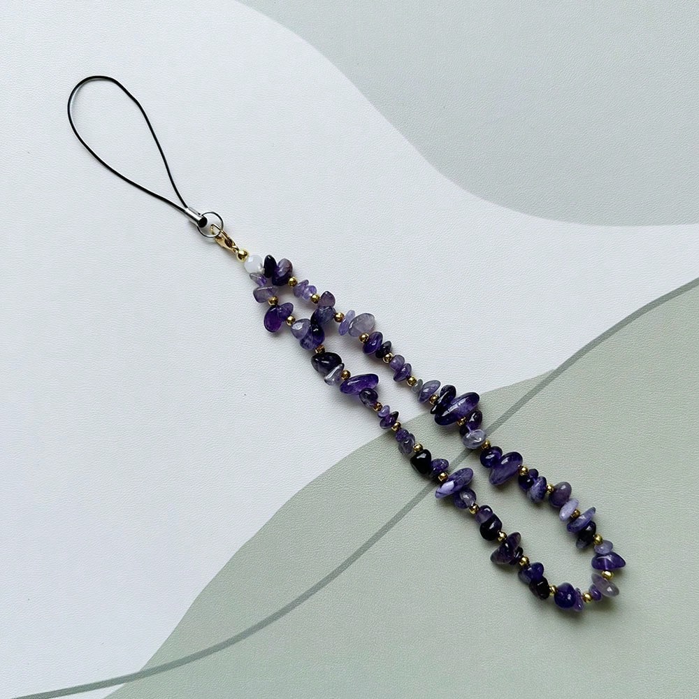 Fashion Natural Beaded Phone Lanyard Necklace Chalcedony Amethyst Aventurine Quartz Stone Phone Charm Digital Camera Strap Gifts For Mother, Family, Friends, Birthday, Holiday Phone Chain