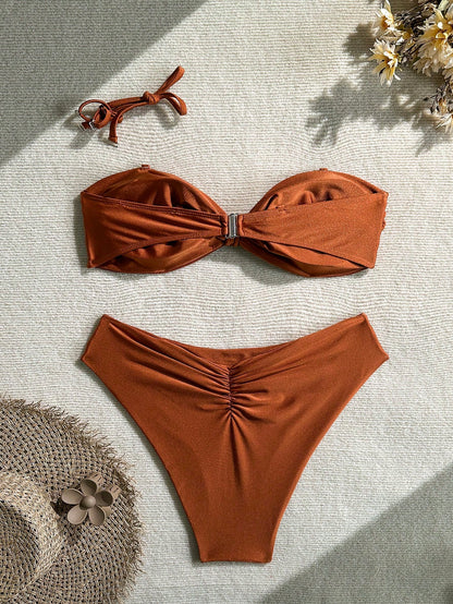 Fashion Plus Size Bandeau Bikini Set, Twist Detail, High Cut Bottoms, Mid-Stretch Fabric, Casual Swimwear For Women Vacation