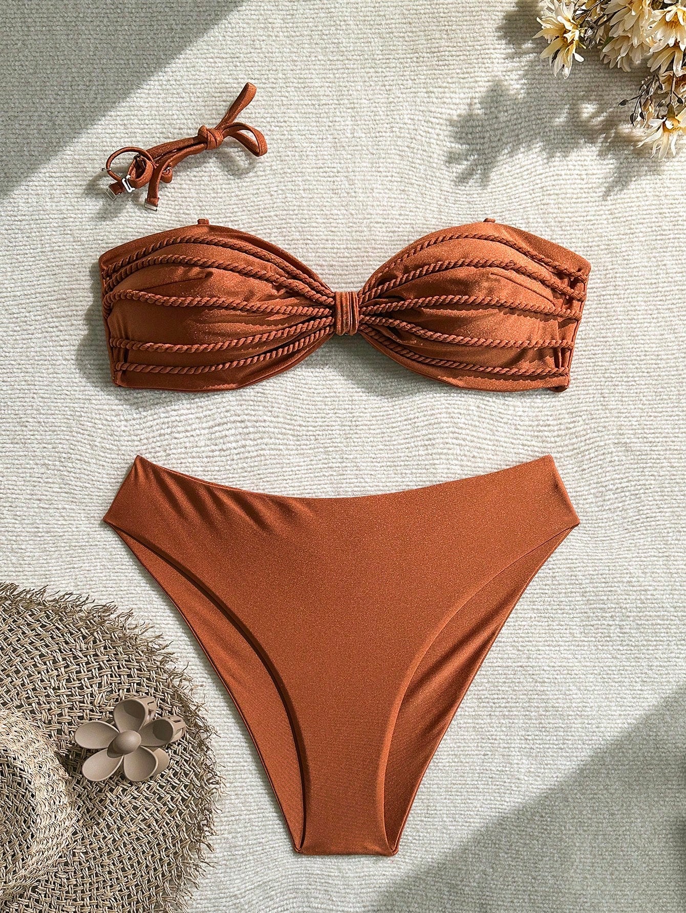 Fashion Plus Size Bandeau Bikini Set, Twist Detail, High Cut Bottoms, Mid-Stretch Fabric, Casual Swimwear For Women Vacation