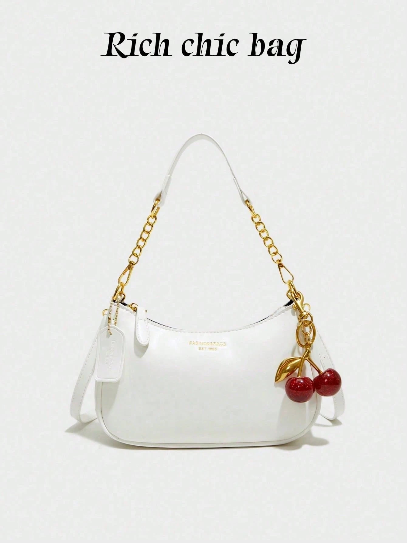 Fashion Versatile PU Waterproof Fabric M Letter Pattern Shoulder Bag, Printed Design Metal Chain Decoration White Baguette Bag With Cherry Pendant