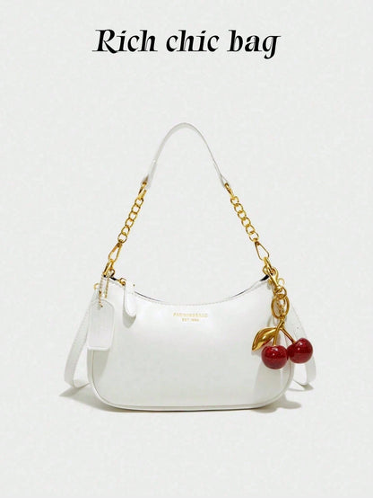 Fashion Versatile PU Waterproof Fabric M Letter Pattern Shoulder Bag, Printed Design Metal Chain Decoration White Baguette Bag With Cherry Pendant
