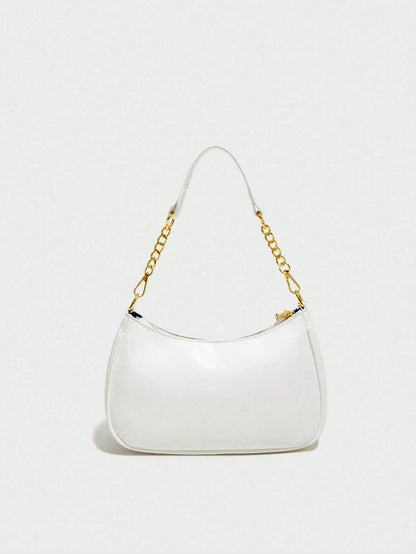 Fashion Versatile PU Waterproof Fabric M Letter Pattern Shoulder Bag, Printed Design Metal Chain Decoration White Baguette Bag With Cherry Pendant