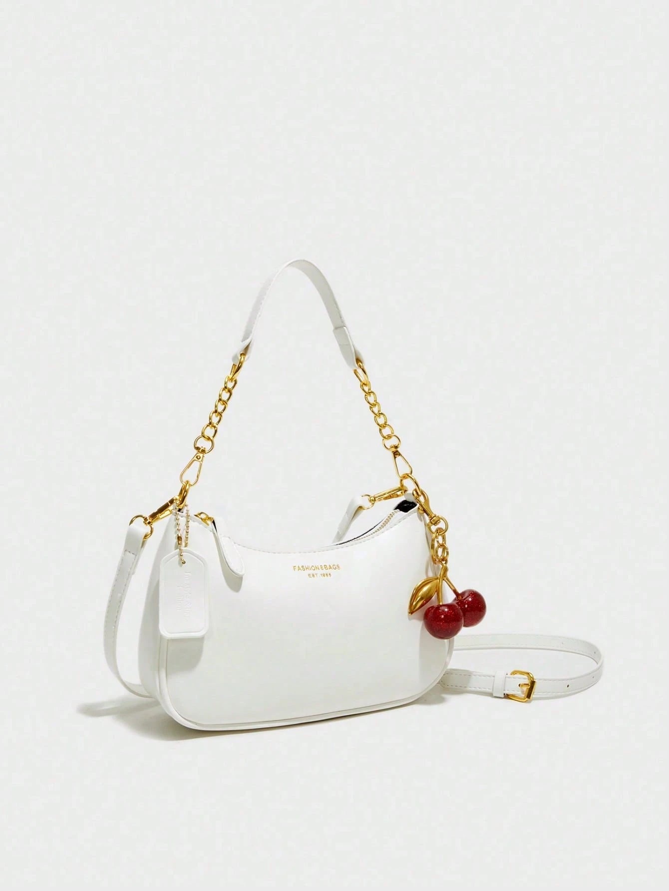 Fashion Versatile PU Waterproof Fabric M Letter Pattern Shoulder Bag, Printed Design Metal Chain Decoration White Baguette Bag With Cherry Pendant