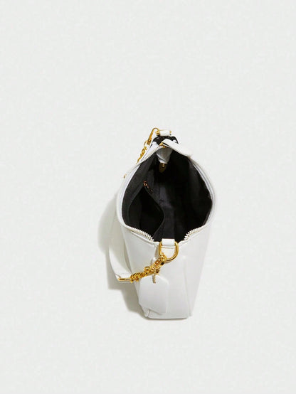 Fashion Versatile PU Waterproof Fabric M Letter Pattern Shoulder Bag, Printed Design Metal Chain Decoration White Baguette Bag With Cherry Pendant