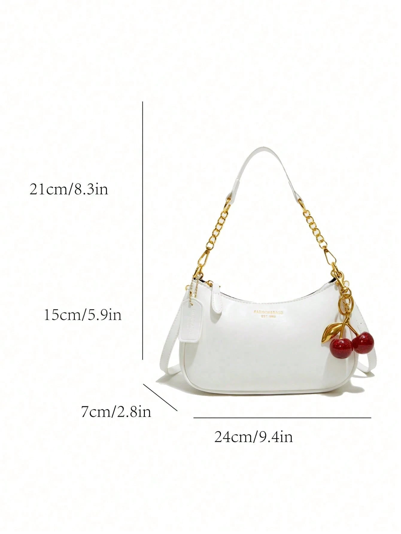 Fashion Versatile PU Waterproof Fabric M Letter Pattern Shoulder Bag, Printed Design Metal Chain Decoration White Baguette Bag With Cherry Pendant