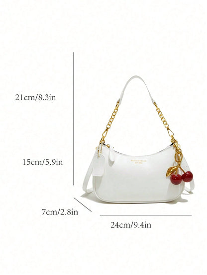 Fashion Versatile PU Waterproof Fabric M Letter Pattern Shoulder Bag, Printed Design Metal Chain Decoration White Baguette Bag With Cherry Pendant
