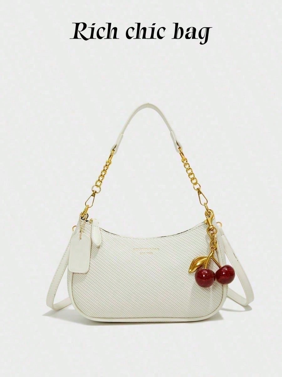 Fashion Versatile PU Waterproof Fabric M Letter Pattern Shoulder Bag, Printed Design Metal Chain Decoration White Baguette Bag With Cherry Pendant