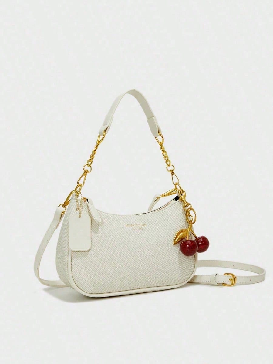 Fashion Versatile PU Waterproof Fabric M Letter Pattern Shoulder Bag, Printed Design Metal Chain Decoration White Baguette Bag With Cherry Pendant