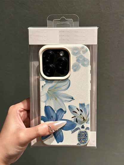 Fashionable Cute Minimalist Beige Litchi Texture Blue Lily Flower Turtle Lip Print Pattern Phone Case Compatible With IPhone17/17Pro/17ProMax/16/16Pro/16ProMax/15/15Pro/15ProMax/14/13/12/11 Soft Prote