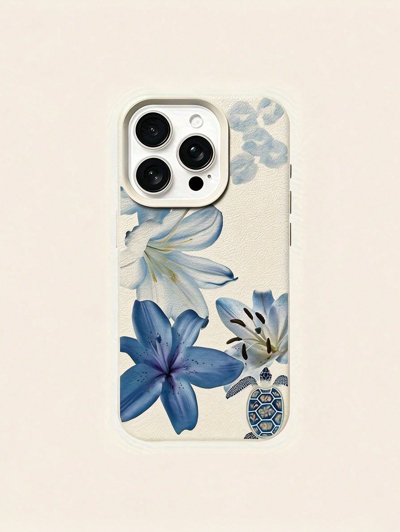 Fashionable Cute Minimalist Beige Litchi Texture Blue Lily Flower Turtle Lip Print Pattern Phone Case Compatible With IPhone17/17Pro/17ProMax/16/16Pro/16ProMax/15/15Pro/15ProMax/14/13/12/11 Soft Prote
