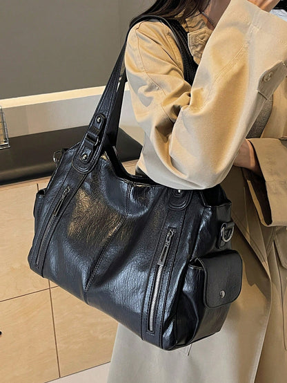 Fashionable Faux Leather Large Capacity Tote Bag, Commuter Shoulder Crossbody Women's Bag, Suitable For Outings, Shopping, Travel