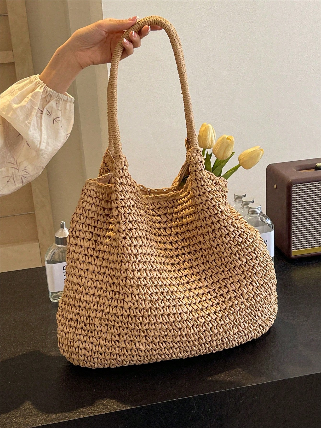 Fashionable Large Capacity Holiday Beach Bag, Women's Woven Tote Bag, Casual Shoulder Bag, Suitable For Travel, Vacation, Beach, Picnic, Great Gift For Women And MothersSchool Bag,Large Capacity,Light