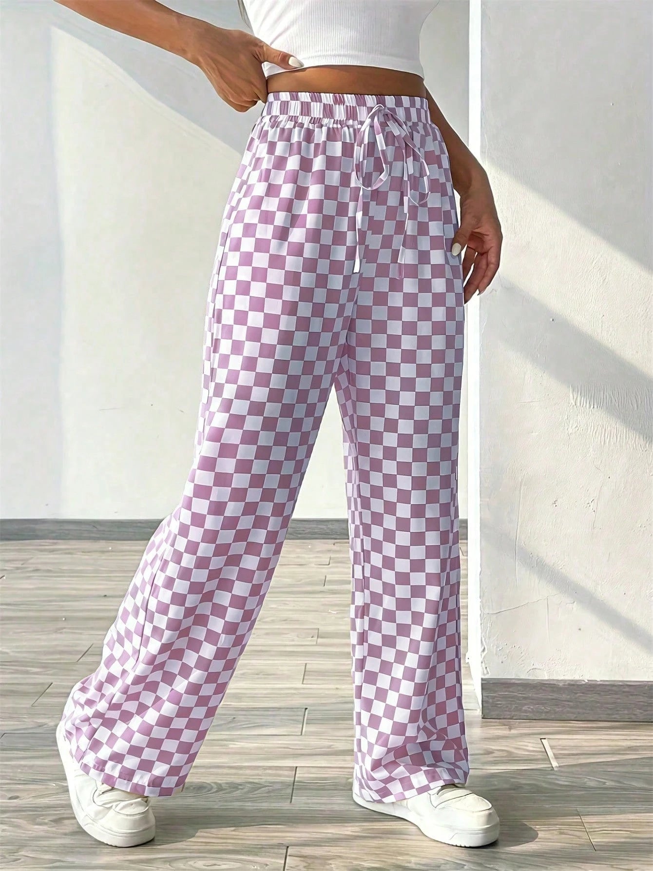 Fashionable Pink Plaid Wide Leg Pants, Women's Long Drawstring Polyester Pants, Comfortable Non-Stretch, Versatile Style