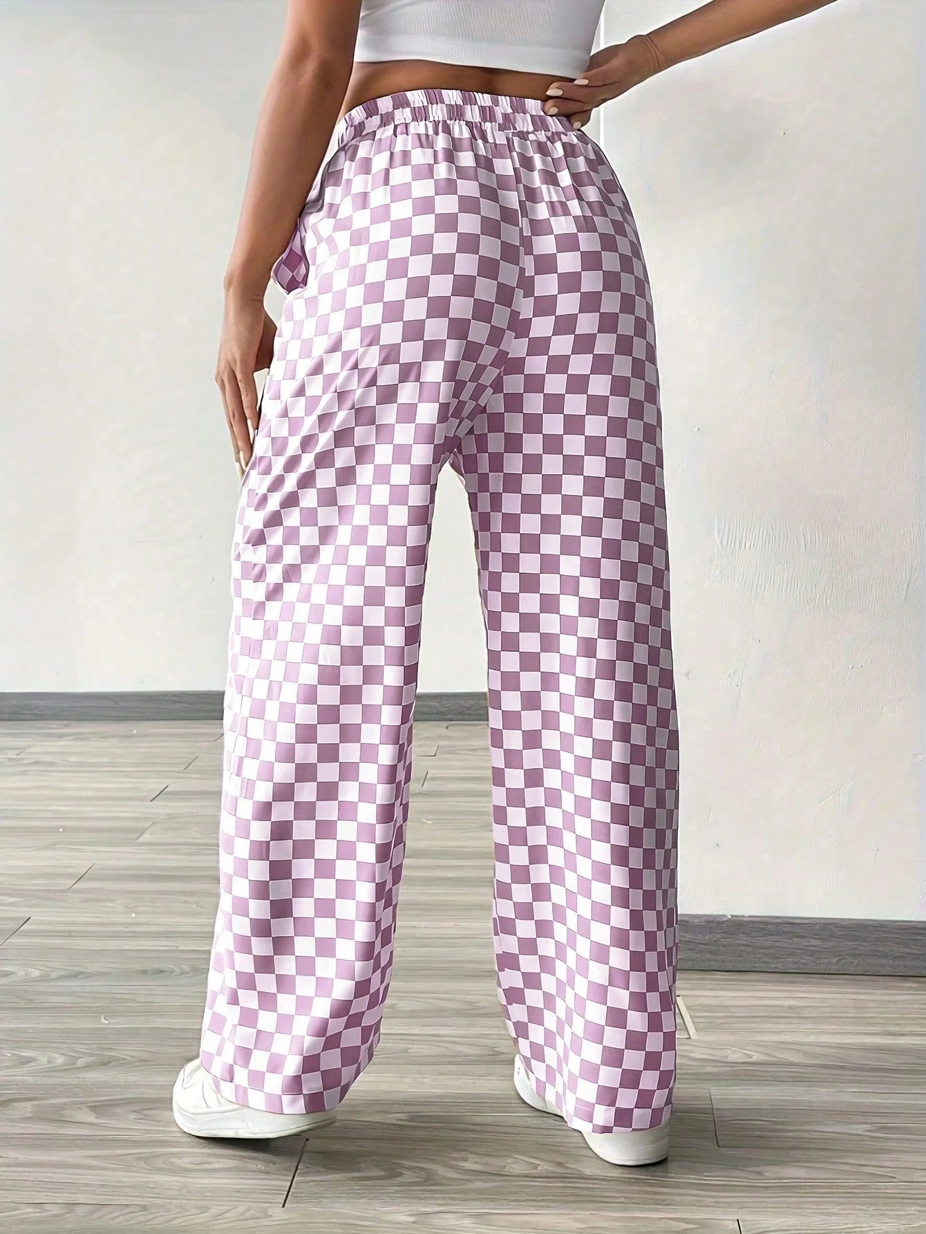Fashionable Pink Plaid Wide Leg Pants, Women's Long Drawstring Polyester Pants, Comfortable Non-Stretch, Versatile Style