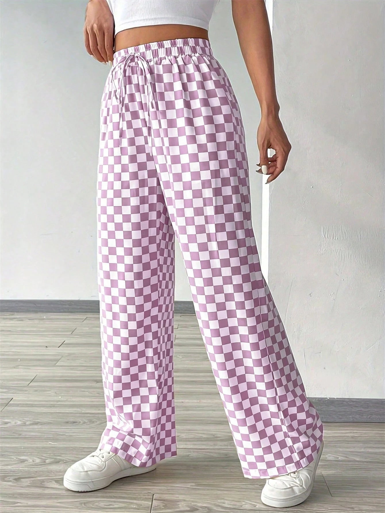 Fashionable Pink Plaid Wide Leg Pants, Women's Long Drawstring Polyester Pants, Comfortable Non-Stretch, Versatile Style