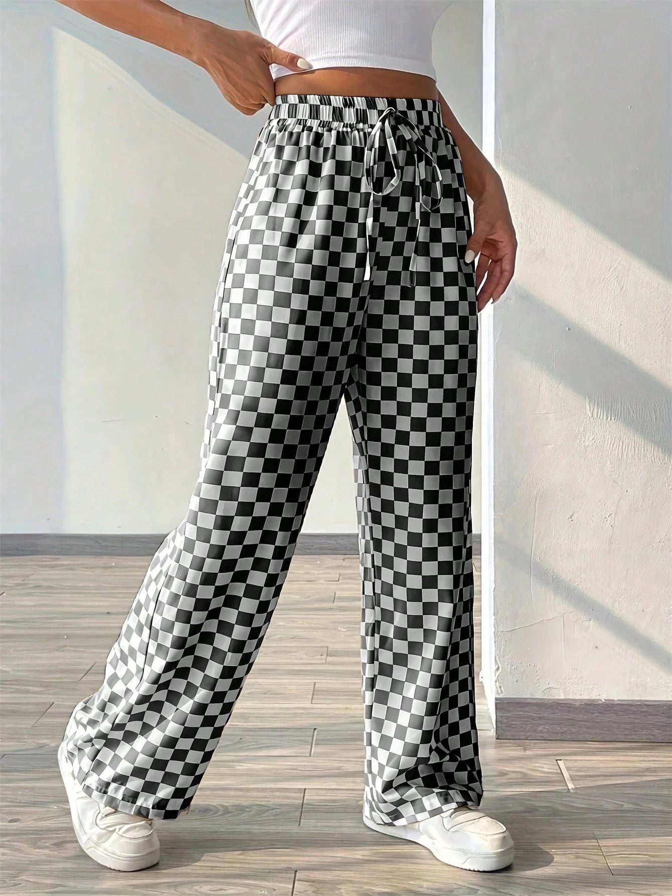 Fashionable Pink Plaid Wide Leg Pants, Women's Long Drawstring Polyester Pants, Comfortable Non-Stretch, Versatile Style