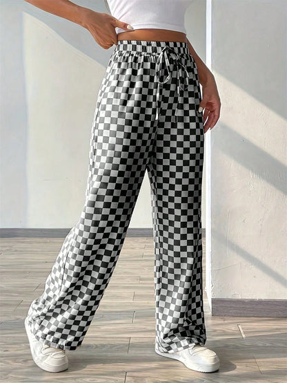 Fashionable Pink Plaid Wide Leg Pants, Women's Long Drawstring Polyester Pants, Comfortable Non-Stretch, Versatile Style