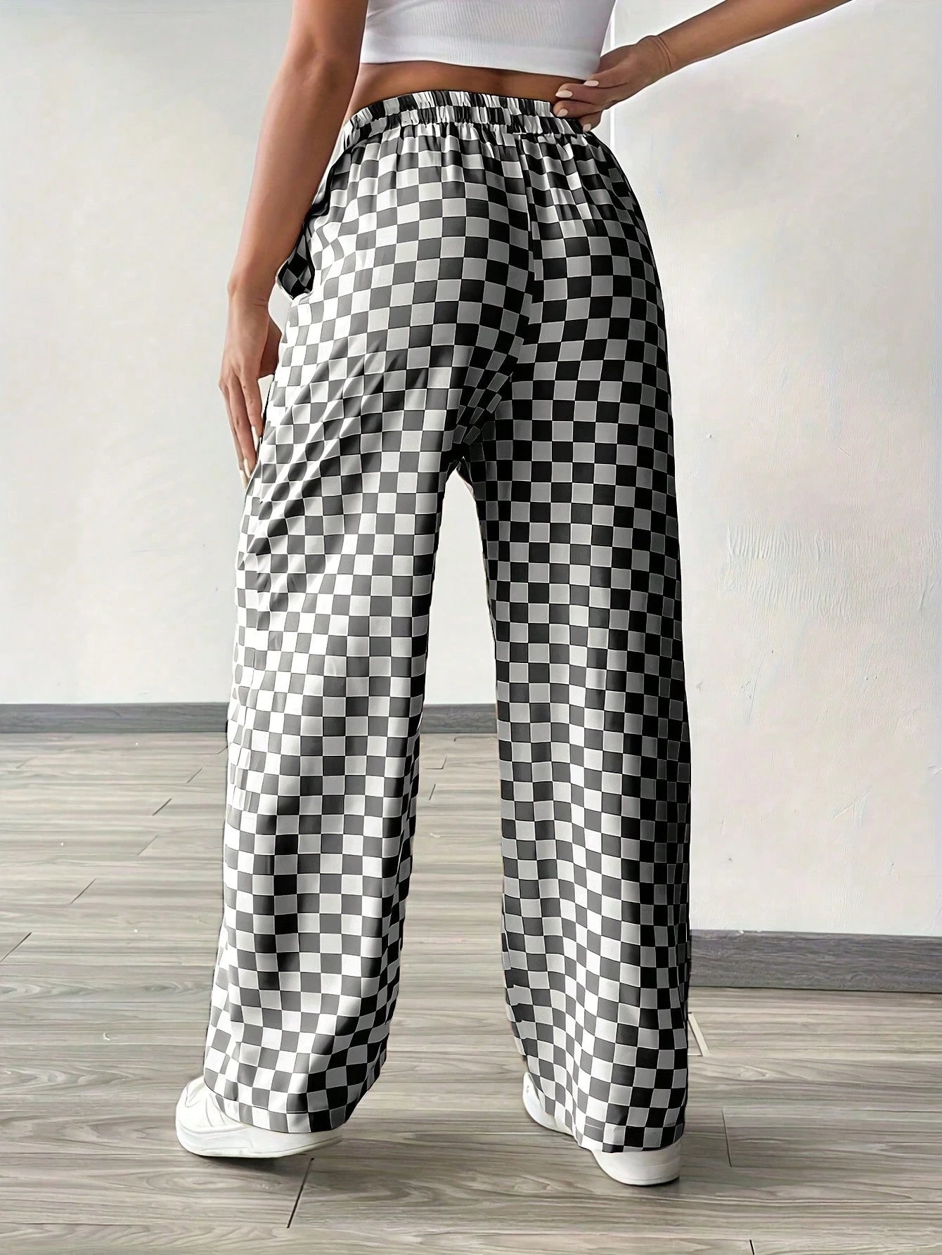 Fashionable Pink Plaid Wide Leg Pants, Women's Long Drawstring Polyester Pants, Comfortable Non-Stretch, Versatile Style