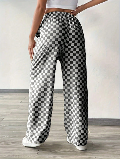 Fashionable Pink Plaid Wide Leg Pants, Women's Long Drawstring Polyester Pants, Comfortable Non-Stretch, Versatile Style