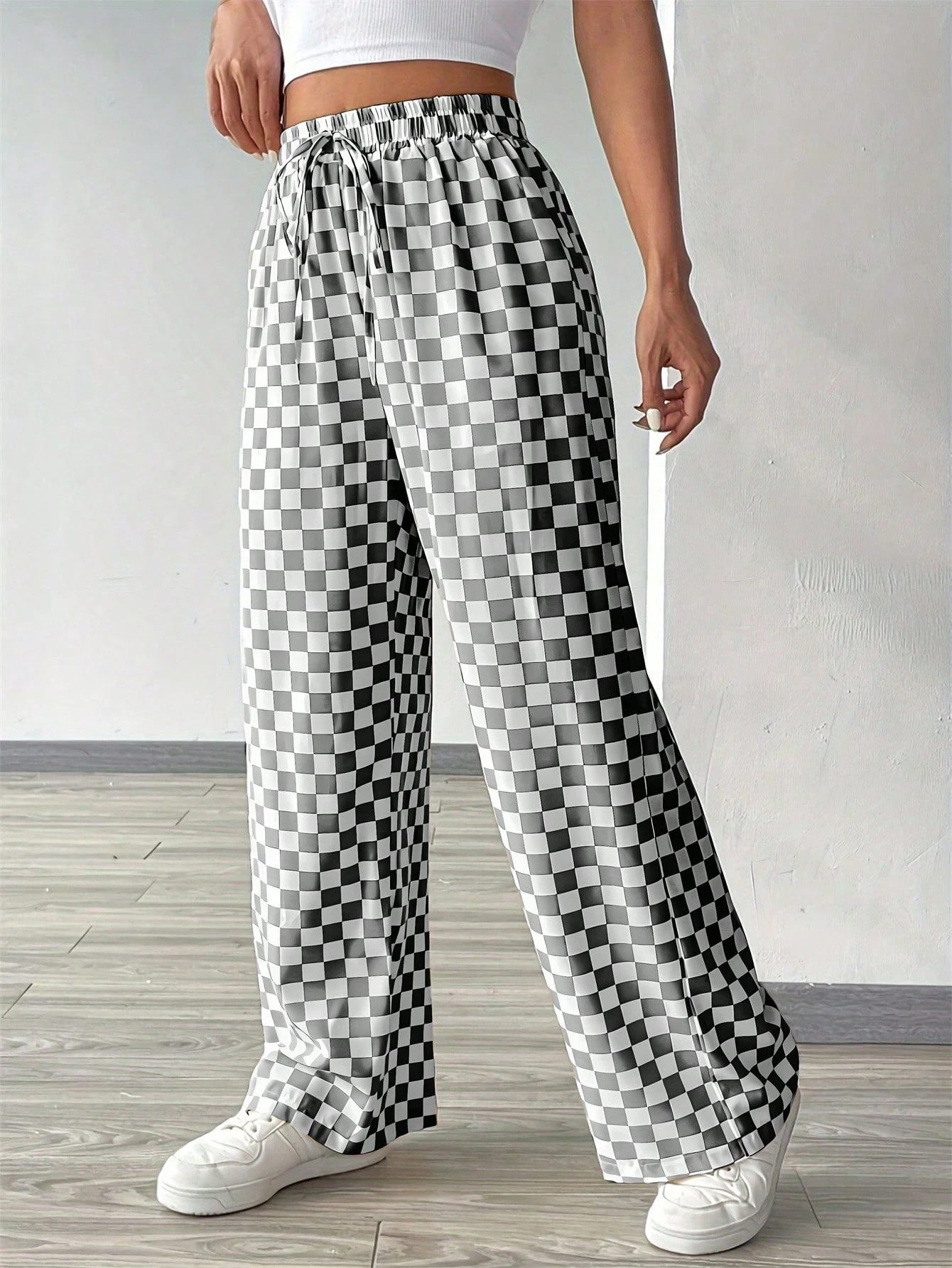 Fashionable Pink Plaid Wide Leg Pants, Women's Long Drawstring Polyester Pants, Comfortable Non-Stretch, Versatile Style