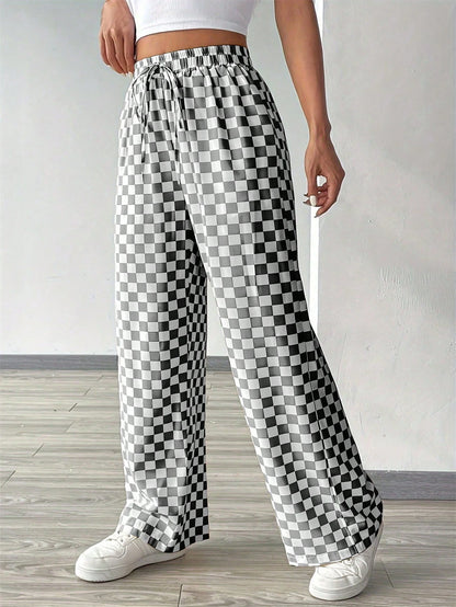 Fashionable Pink Plaid Wide Leg Pants, Women's Long Drawstring Polyester Pants, Comfortable Non-Stretch, Versatile Style