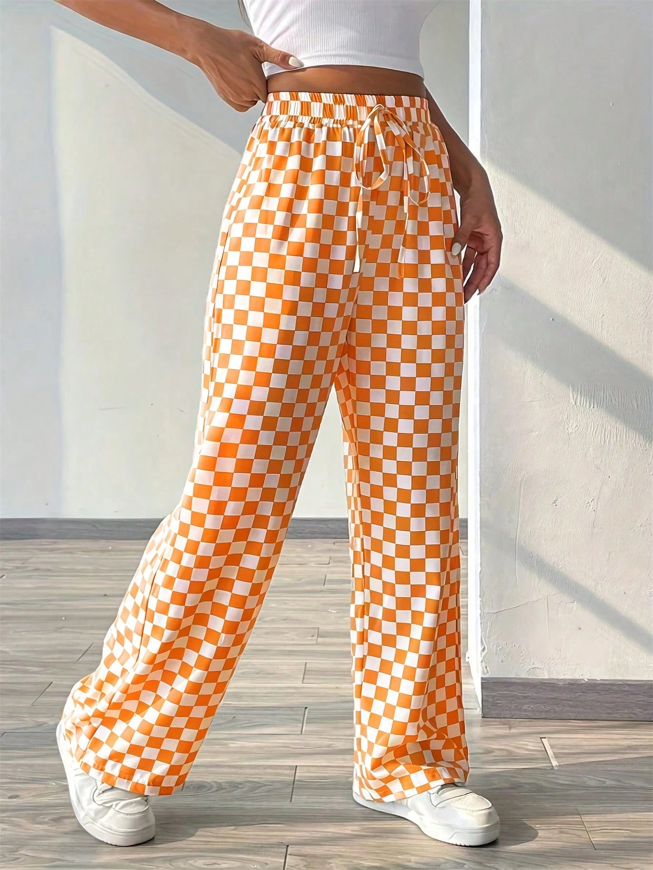 Fashionable Pink Plaid Wide Leg Pants, Women's Long Drawstring Polyester Pants, Comfortable Non-Stretch, Versatile Style