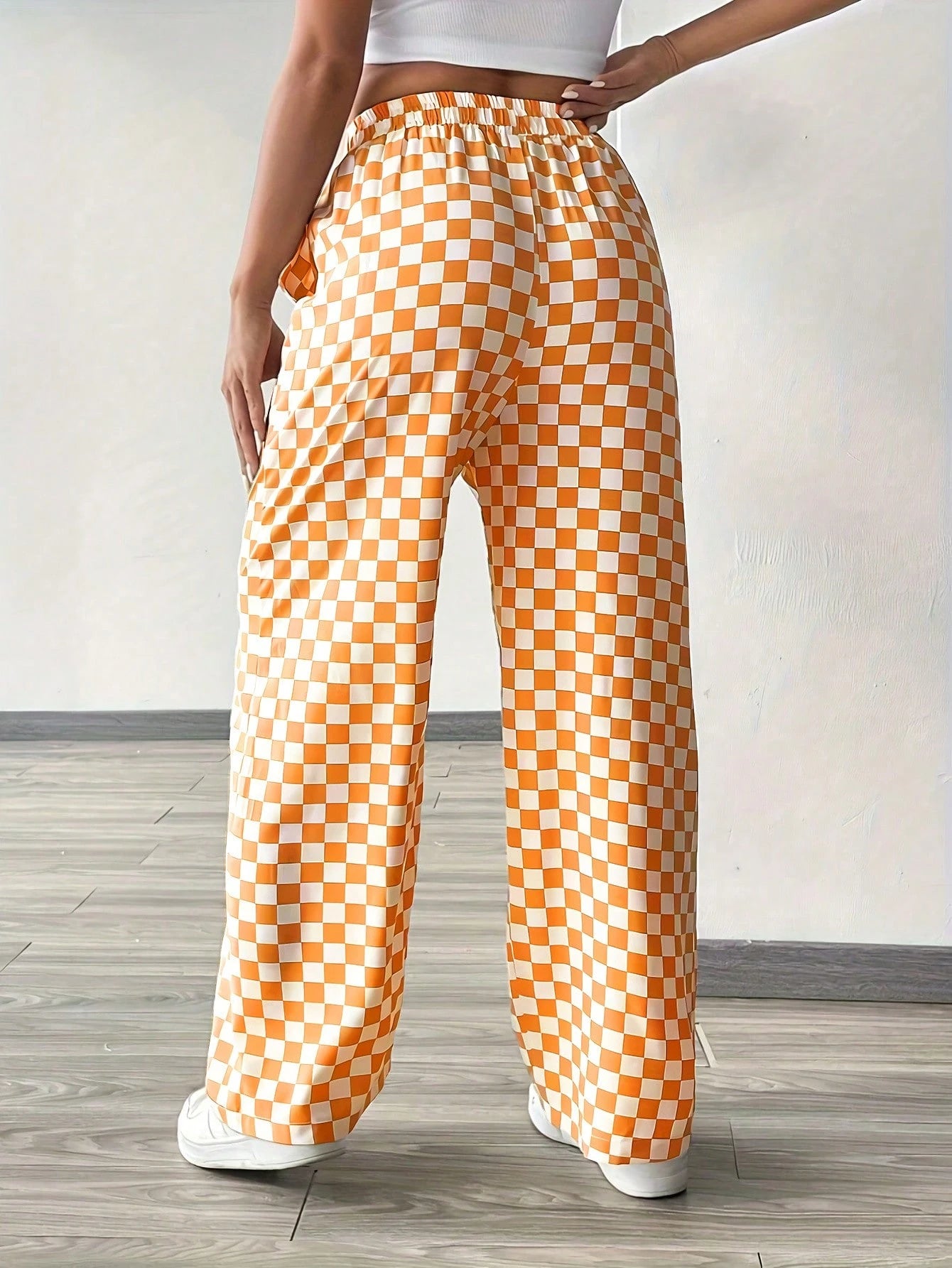 Fashionable Pink Plaid Wide Leg Pants, Women's Long Drawstring Polyester Pants, Comfortable Non-Stretch, Versatile Style