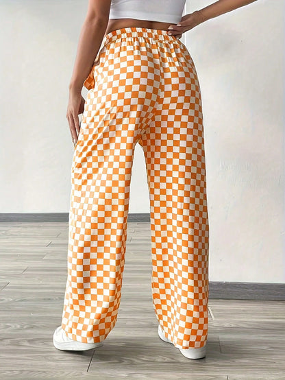 Fashionable Pink Plaid Wide Leg Pants, Women's Long Drawstring Polyester Pants, Comfortable Non-Stretch, Versatile Style