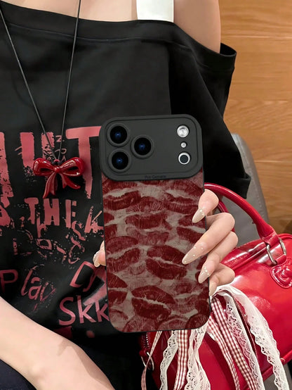 Fashionable Popular Personalized Red Lip Print Pattern Design Theme Luxury Shockproof Aesthetic Cute Phone Case With Lens Protrusion Protection Compatible With For IPhone 17/17Pro/17Pro Max, 16,15,14