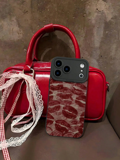 Fashionable Popular Personalized Red Lip Print Pattern Design Theme Luxury Shockproof Aesthetic Cute Phone Case With Lens Protrusion Protection Compatible With For IPhone 17/17Pro/17Pro Max, 16,15,14