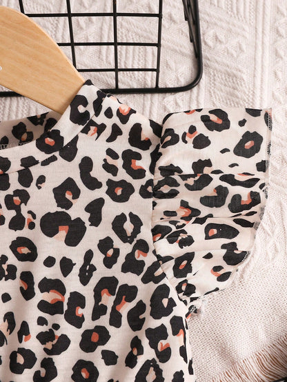 Fashionable Retro Baby Girls Leopard Print Asymmetrical Top And Loose Leopard Print Pants 2 Pieces Set