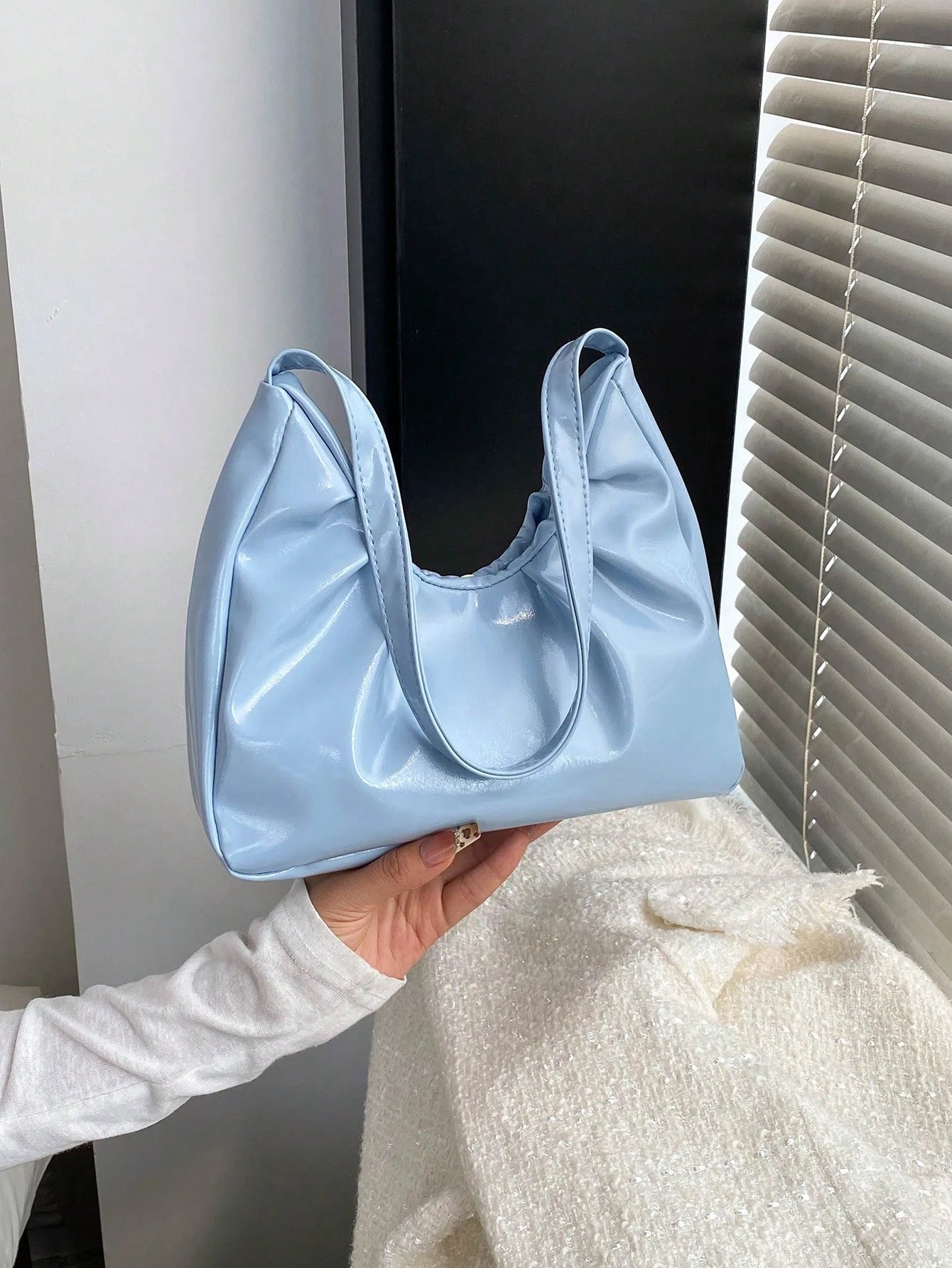 Fashionable Shoulder Bag, Spring/Autumn New Arrival, Solid Color Pleated Fresh Handbag, Underarm Bag With Texture