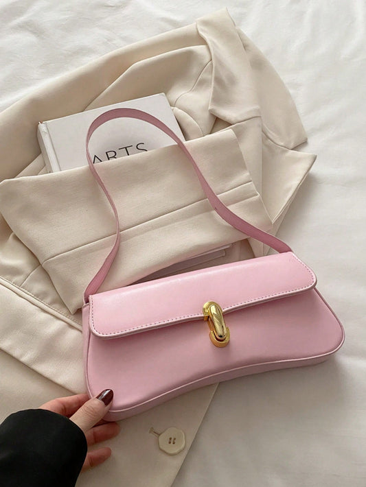 Fashionable Solid Color Metal Decor Shoulder Bag, Minimalist Elegant Style, Suitable For Shopping, Wallet, Young Women, College Students