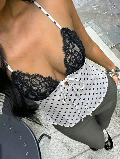 FavEase White With Black Polka Dots,Summer,90s Themed,Club Lace V-Neck Halter Backless Ruffle Hem Camisole Top,Elegant Vintage Color Block Top