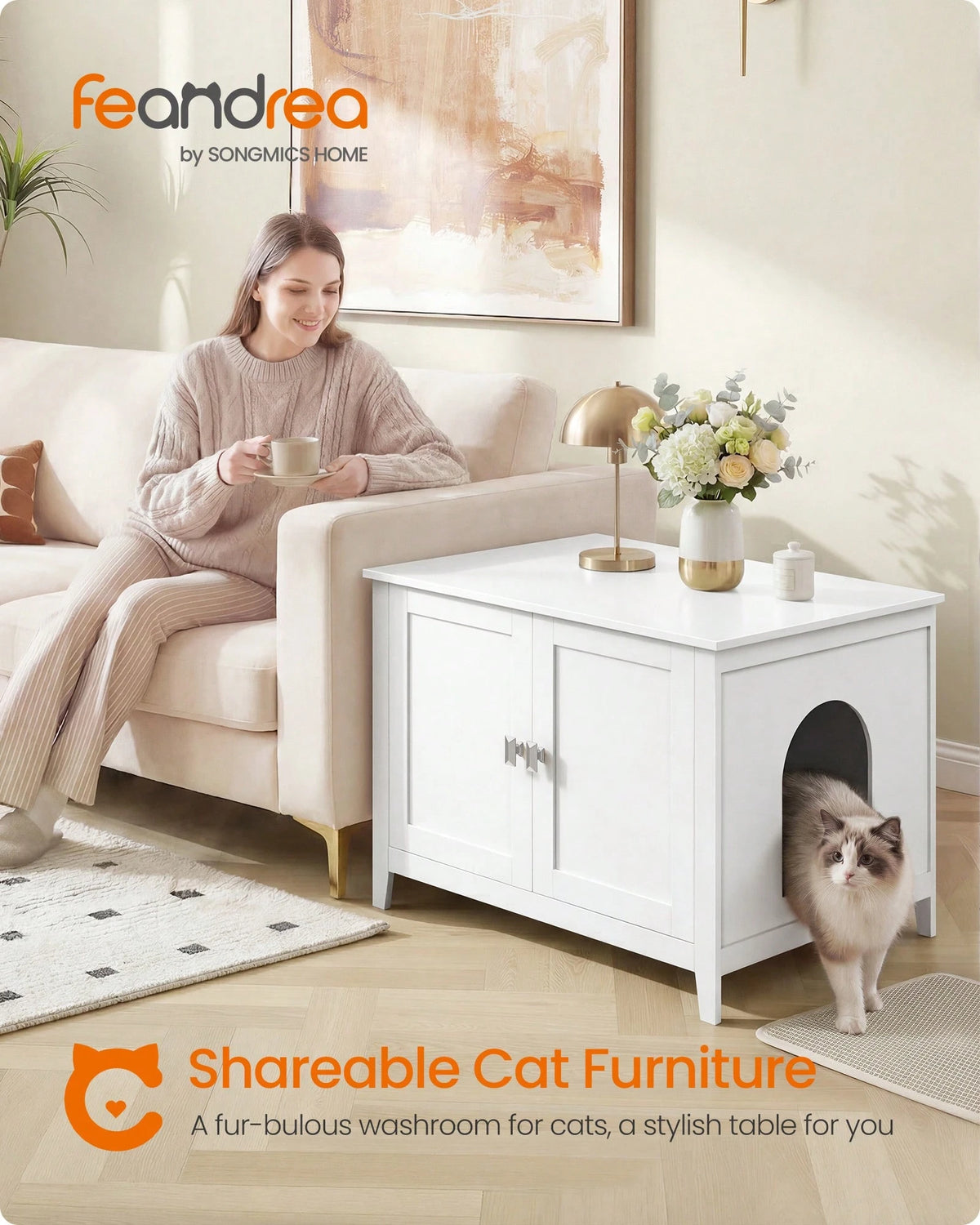 Feandrea Cat Litter Box Enclosure, Modern Hidden Cat Litter Box Furniture, Double Doors, Handles, Indoor Pet House Washroom, Living Room Side End Table